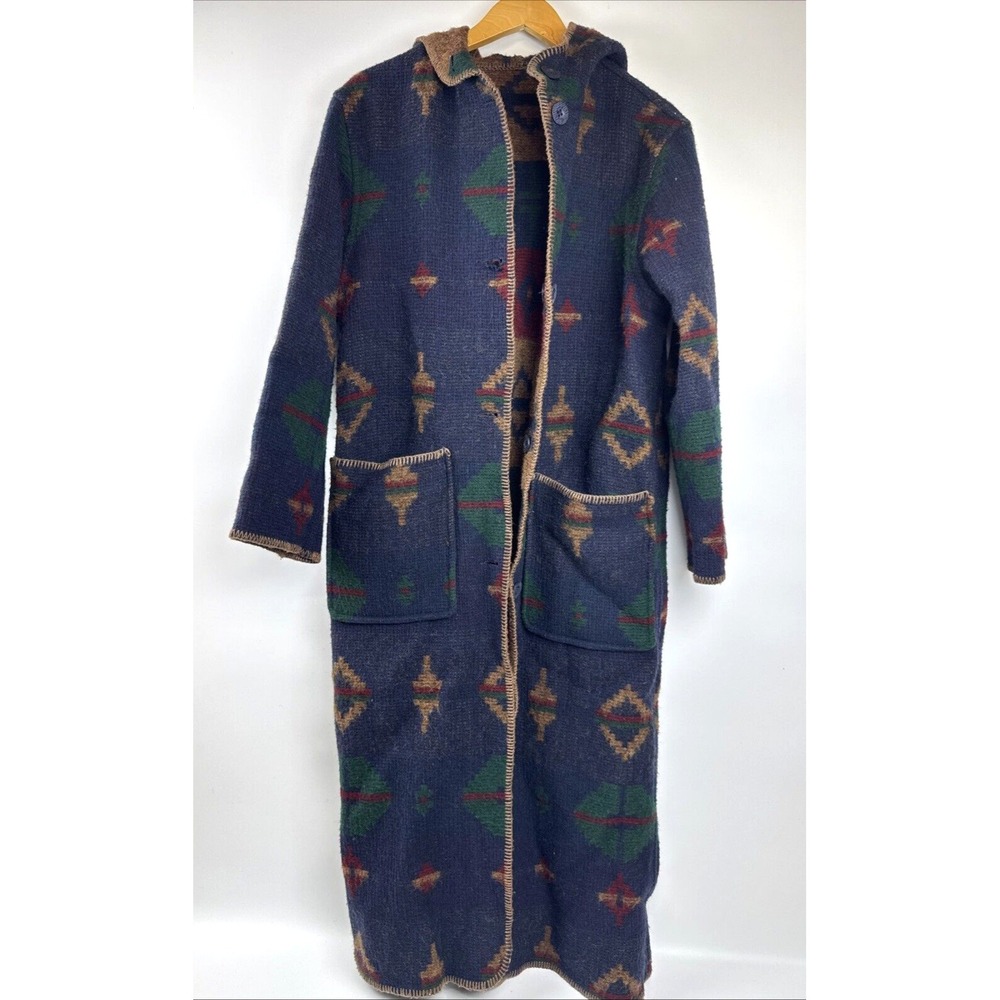 Vintage Woolrich Southwest Aztec Wool Patterned Hooded Trench Blanket Coat SMALL